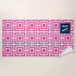 Preppy Square Lattice Monogram – Hot Pink & Navy Strandtuch