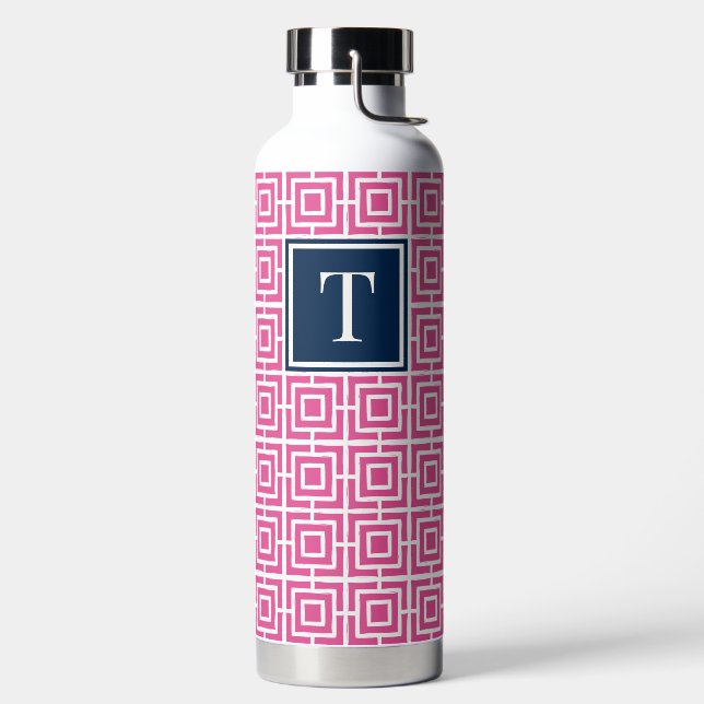 Preppy Square Lattice Monogram Hot Pink & Navy Trinkflasche (links)