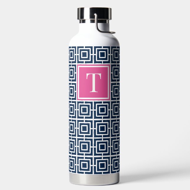 Preppy Square Lattice Monogram – Navy & Hot Pink Trinkflasche (links)