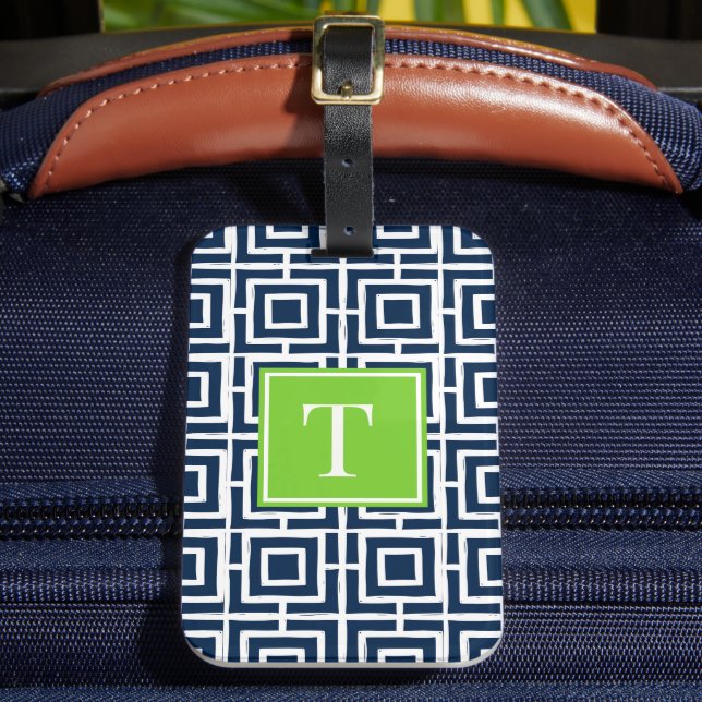 Preppy Square Lattice Monogram – Navy & Lime Gepäckanhänger (Vorderseite Insitu 2)