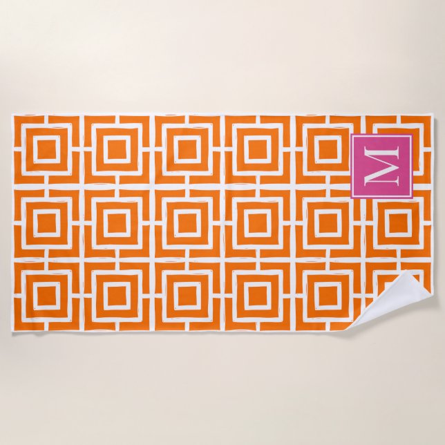 Preppy Square Lattice Monogram Orange & Hot Pink Strandtuch (Vorderseite)