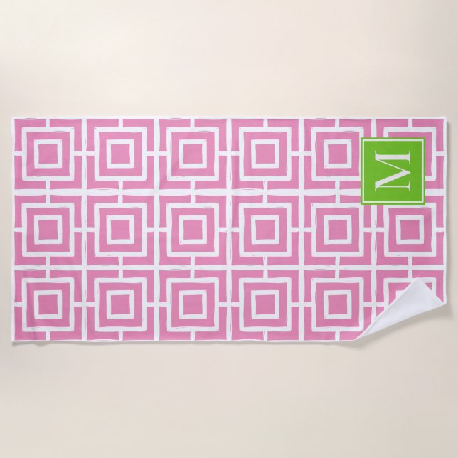 Preppy Square Lattice Monogram – Pink & Lime Strandtuch (Vorderseite)