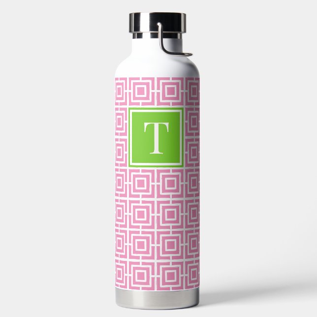 Preppy Square Lattice Monogram – Pink & Lime Trinkflasche (links)