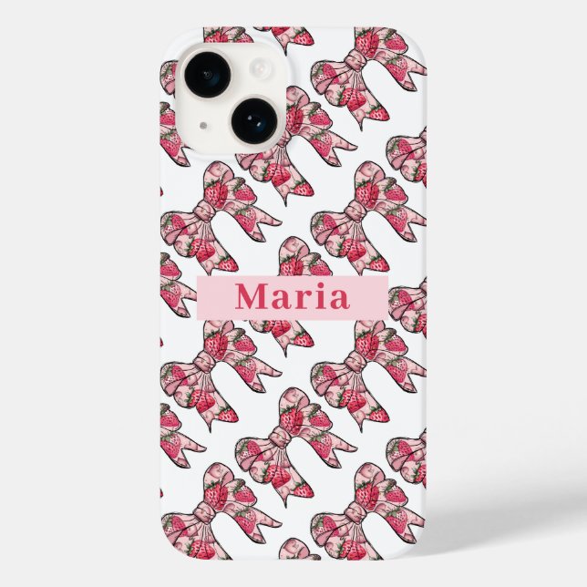 Preppy Strawberry Pink Bows Personalisiert Case-Mate iPhone 14 Hülle (Rückseite)