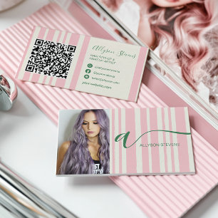 Preppy-Streifen rosa Haar-Make-up-Foto initiale QR Visitenkarte