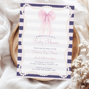 Preppy Streifen Rosa Schleife Perlen Babyparty Einladung