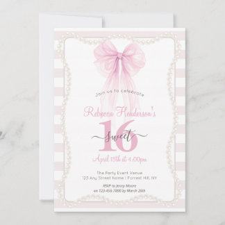Preppy Streifen Rosa Schleife Perlen Sweet 16 Einladung