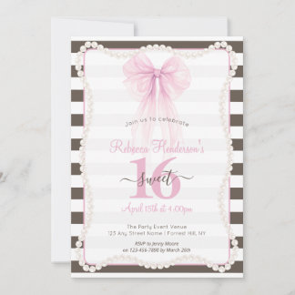 Preppy Streifen Rosa Schleife Perlen Sweet 16 Einladung