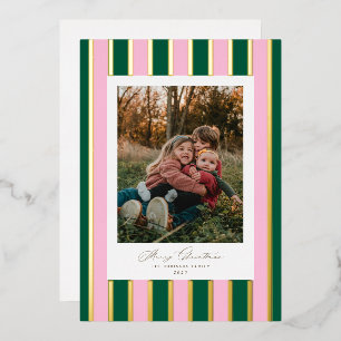Preppy Strip Weihnachts-Foto Gold Rosa Grün Folien Feiertagskarte