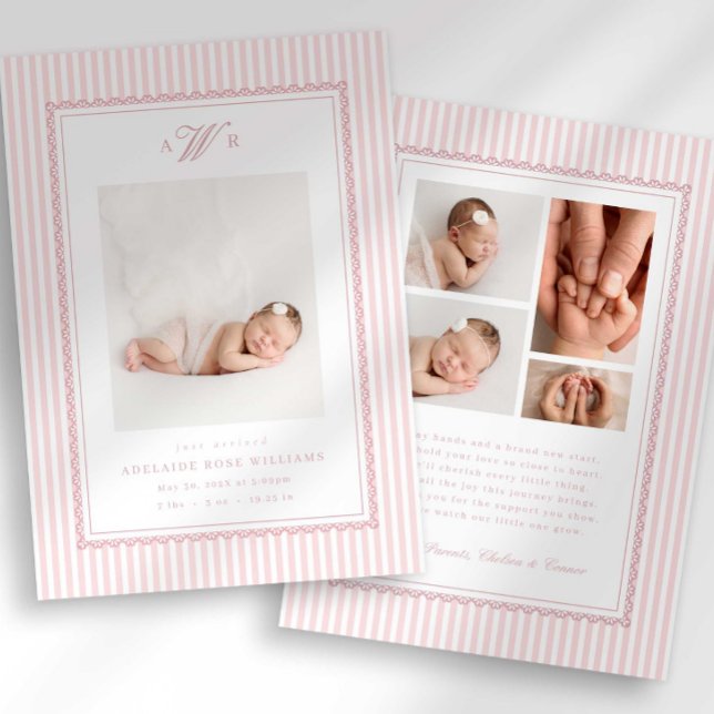 Preppy Stripe Monogram Photo Birth Announcement Ankündigung (Von Creator hochgeladen)