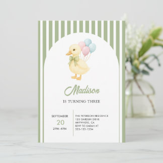 Preppy Stripes Cute Duck Theme Kids Birthday Party Einladung