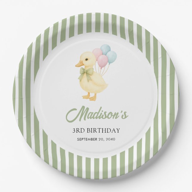 Preppy Stripes Cute Duck Theme Kids Birthday Party Pappteller (Vorderseite)