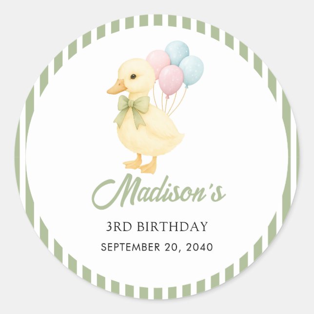 Preppy Stripes Cute Duck Theme Kids Birthday Party Runder Aufkleber (Vorderseite)