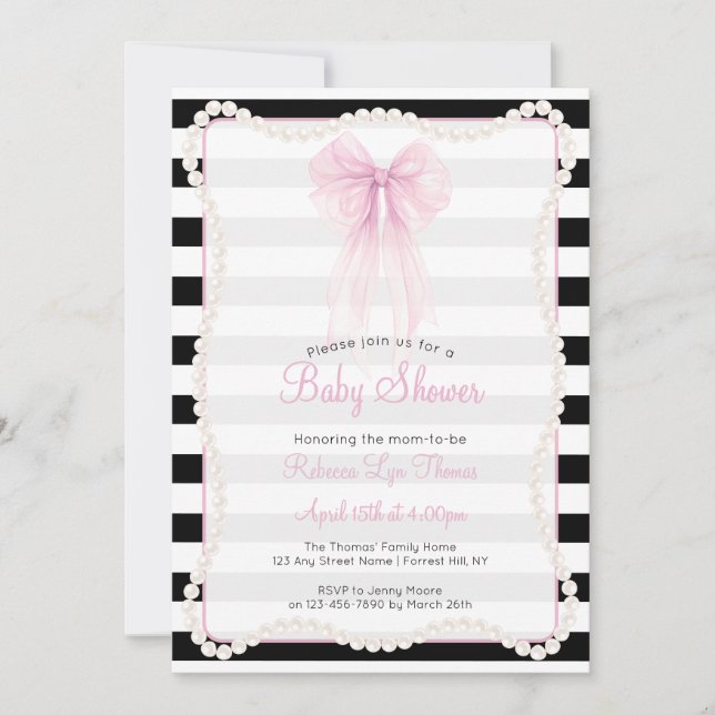Preppy Stripes Pink Bow Pearls Baby Shower Einladung (Vorderseite)