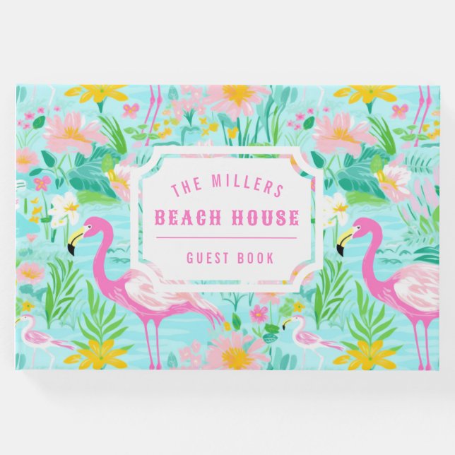 Preppy Summer Flamingo | Monogramm Gästebuch (Vorderseite)