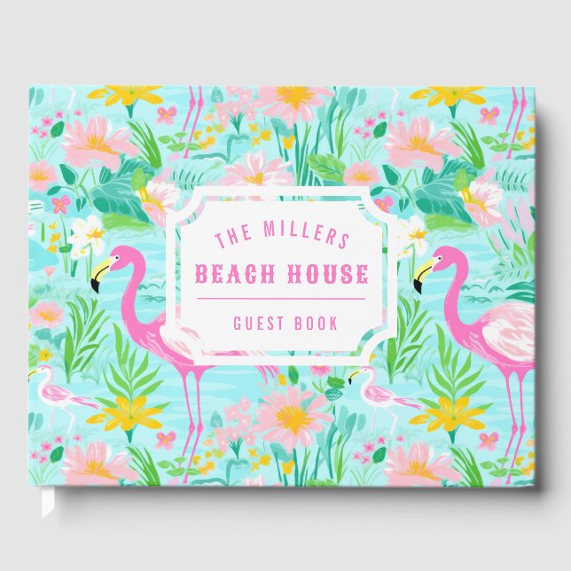 Preppy Summer Flamingo | Monogramm Gästebuch (Vorderseite)