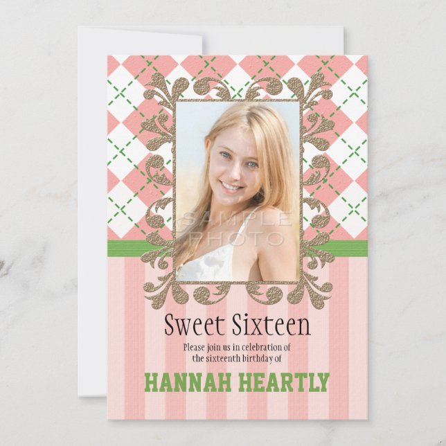 Preppy Sweet 16 Einladungen Rosa und Grün (Vorderseite)
