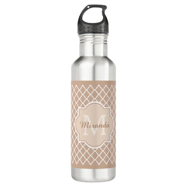 Preppy-Tan-Quatrefolienmongogramm mit Namen Trinkflasche (Vorderseite)