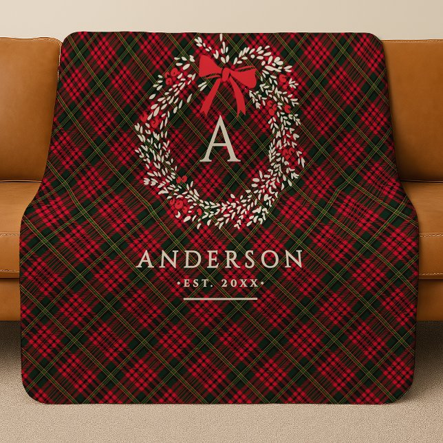 Preppy Tartan Holiday Wreath Monogramm und Name Sherpadecke (Von Creator hochgeladen)