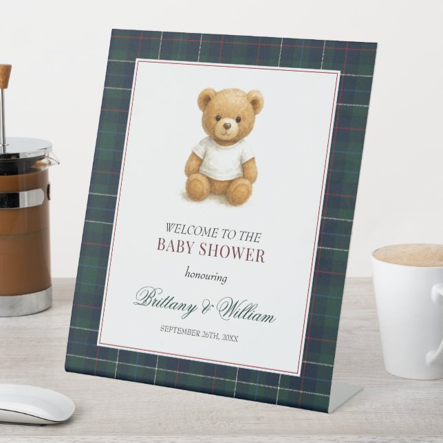 Preppy Teddy Bear Kariert Baby Dusche Willkommen Sockelschild (In Situ)