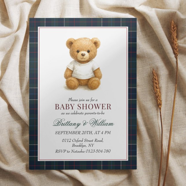 Preppy Teddy Bear Kariert Babydusche Einladung (Von Creator hochgeladen)