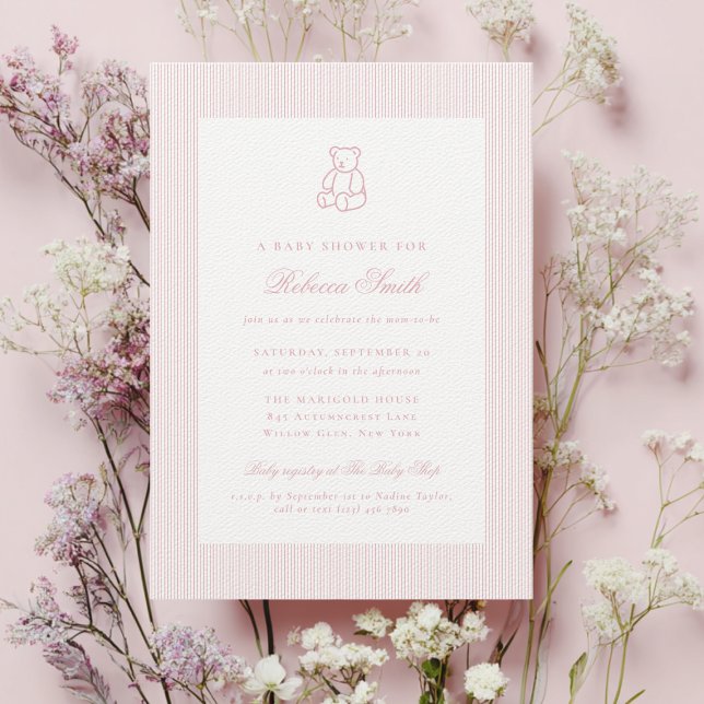 Preppy Teddy Bear Pink Girl Elegant Baby Shower Einladung (Von Creator hochgeladen)