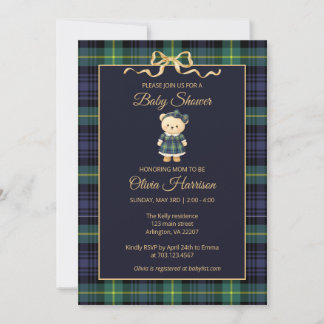 Preppy Teddy Bear Plaid Baby Shower Invitation