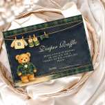 Preppy Teddy Bear Plaid Diapper Raffle Begleitkarte<br><div class="desc">A charming preppy baby shower design featuring a sweet teddy bear dressed in a classic green plaid jacket and bow tie. Above the bear, a delicate clothesline displays tiny baby clothes and shoes, creating a nostalgic storybook nursery scene. The deep navy background and subtle tartan border add a refined, vintage-inspired...</div>