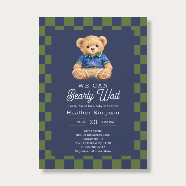 Preppy Teddy Bearly Wait Checkboard Baby Shower Einladung (Von Creator hochgeladen)