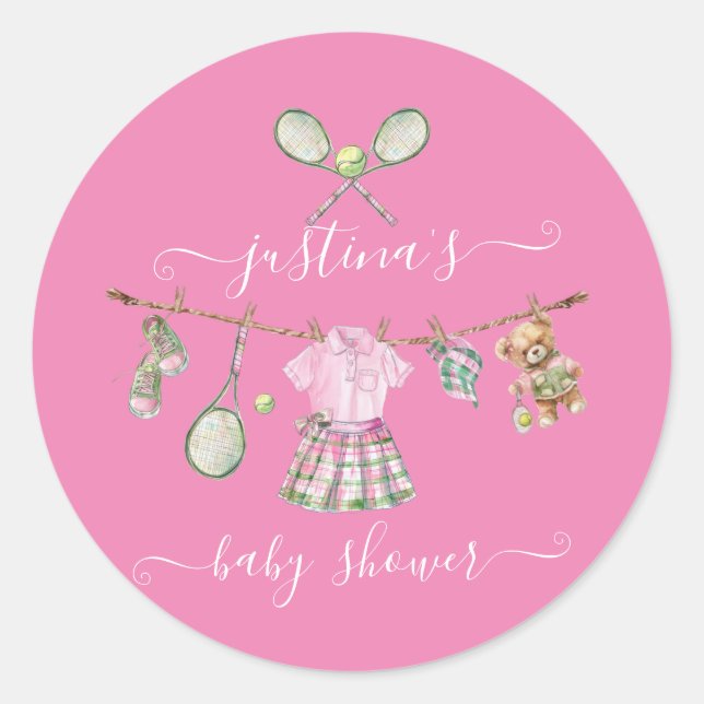 Preppy Tennis Baby Dusche Runder Aufkleber (Vorderseite)