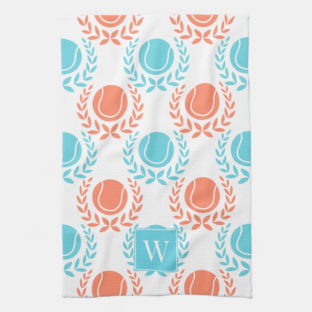Preppy Tennis Laurel Wreath - Coral & Turquoise Geschirrtuch (Vertikal)