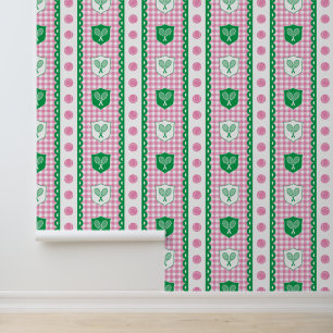 Preppy-Tennis-Wappen Gingham in Rosa und Grün Tapete