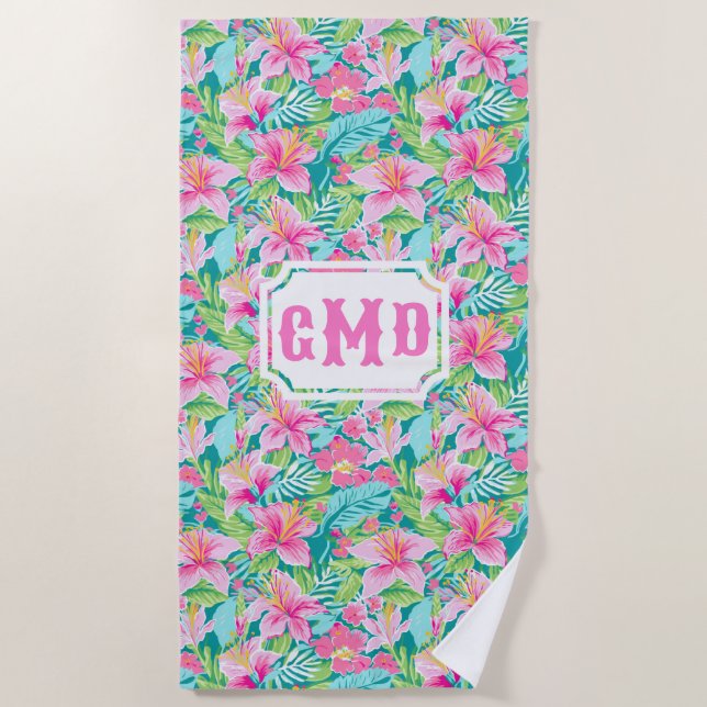 Preppy Tropical Hibisken Blume | Monogramm Strandtuch (Vorderseite)