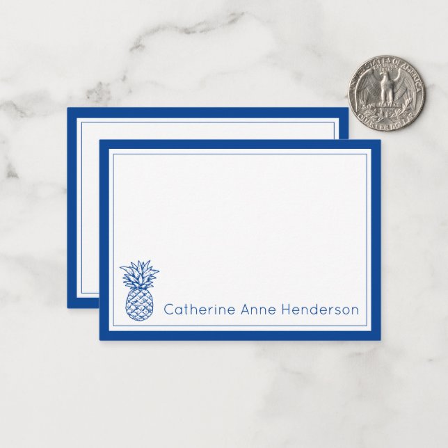 Preppy Tropical Navy Blue Ananas Personalisiert Mitteilungskarte (Vorderseite/Rückseite Beispiel)