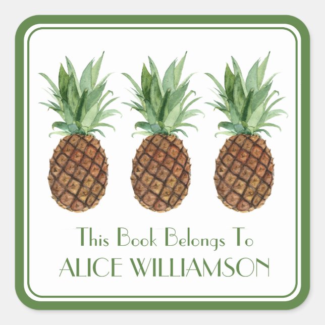 Preppy Tropical Pineapes Personalisiertes Buchzeic Quadratischer Aufkleber (Vorderseite)