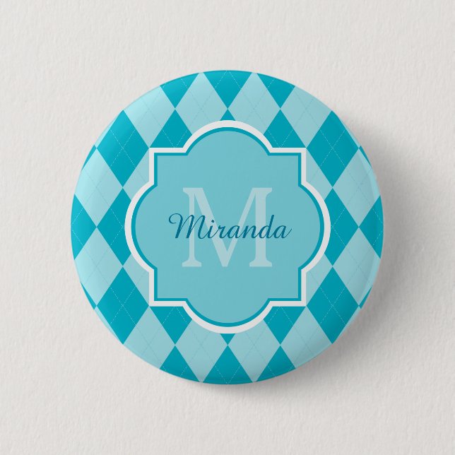 Preppy Turquoise Raute Girly Monogram und Name Button (Vorderseite)