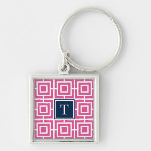 Preppy-Viereckgitter-Monogramm - Hot Pink & Navy Schlüsselanhänger