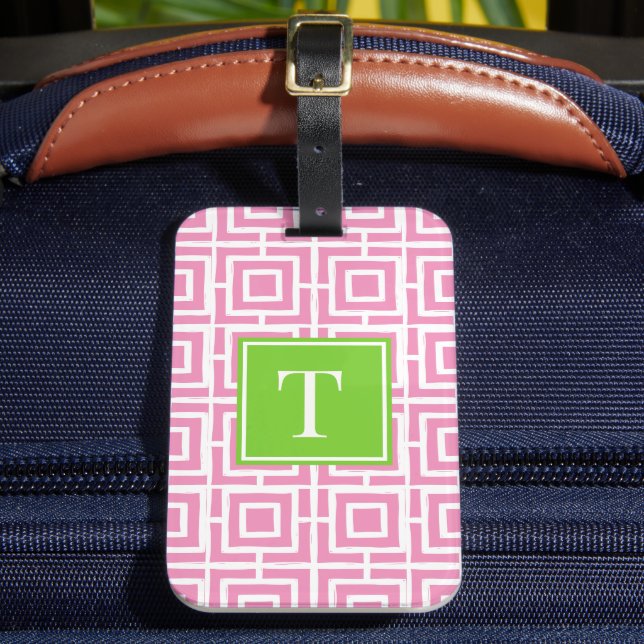 Preppy-Viereckgitter-Monogramm – Pink & Limette Gepäckanhänger (Vorderseite Insitu 2)