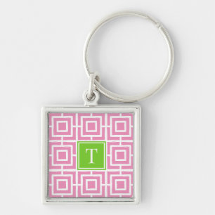 Preppy-Viereckgitter-Monogramm - Pink & Limette Schlüsselanhänger