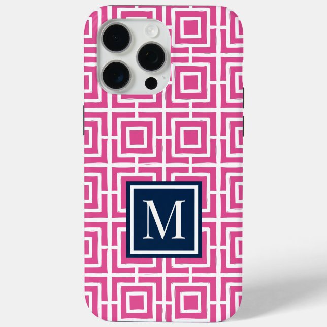 Preppy-Viereckgitter-Monogramm – Rosa & Navy Case-Mate iPhone Hülle (Rückseite)
