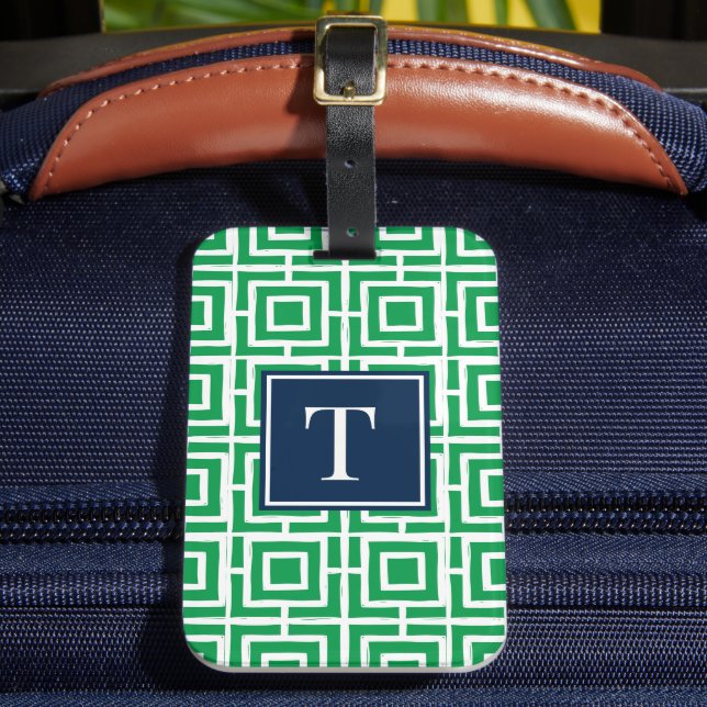 Preppy-Viergitter-Monogramm - Grün & Navy Gepäckanhänger (Vorderseite Insitu 2)