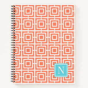Preppy-Viergitter-Monogramm – Koralle & Türkis Notizbuch