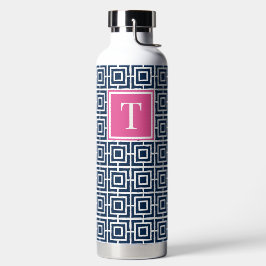 Preppy-Viergitter-Monogramm – Marineblau & Hot Pin Trinkflasche