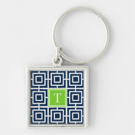 Preppy-Viergitter-Monogramm - Navy & Limette Schlüsselanhänger