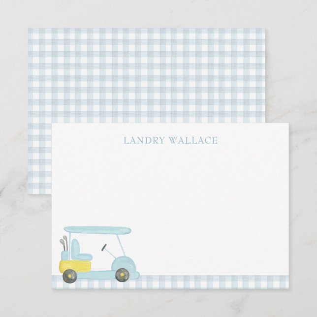 Preppy Watercolor Blue Gingham Golf Cart Dankeskarte (Vorne/Hinten)
