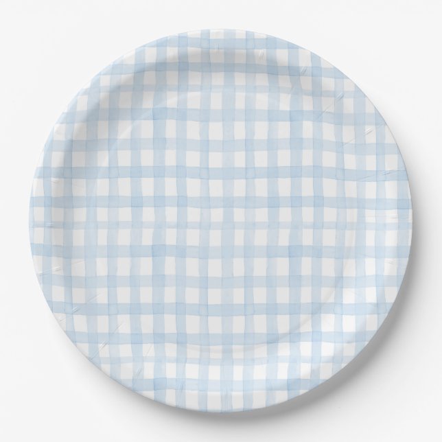 Preppy Watercolor Blue Gingham Pappteller (Vorderseite)