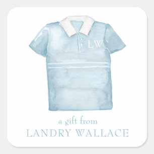Preppy Watercolor Blue Monogram Golf Polo Shirt Quadratischer Aufkleber