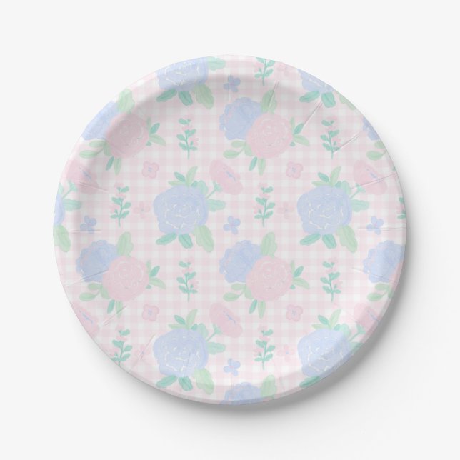 Preppy Watercolor Floral Gingham Birthday Pappteller (Vorderseite)
