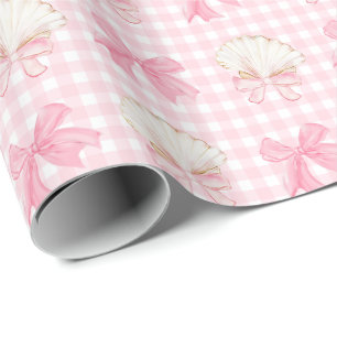 Preppy Watercolor Seashells auf Pink Gingham Geschenkpapier
