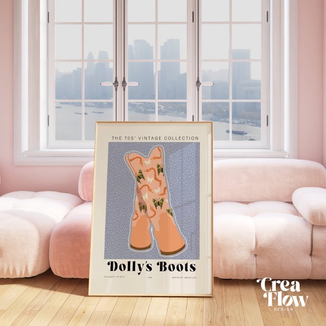 Preppy-Western stimuliert Wall-Art-Dekoration Poster (Peach-colored cowgirl boots with snake and butterfly motifs, set against a Baby blue background)